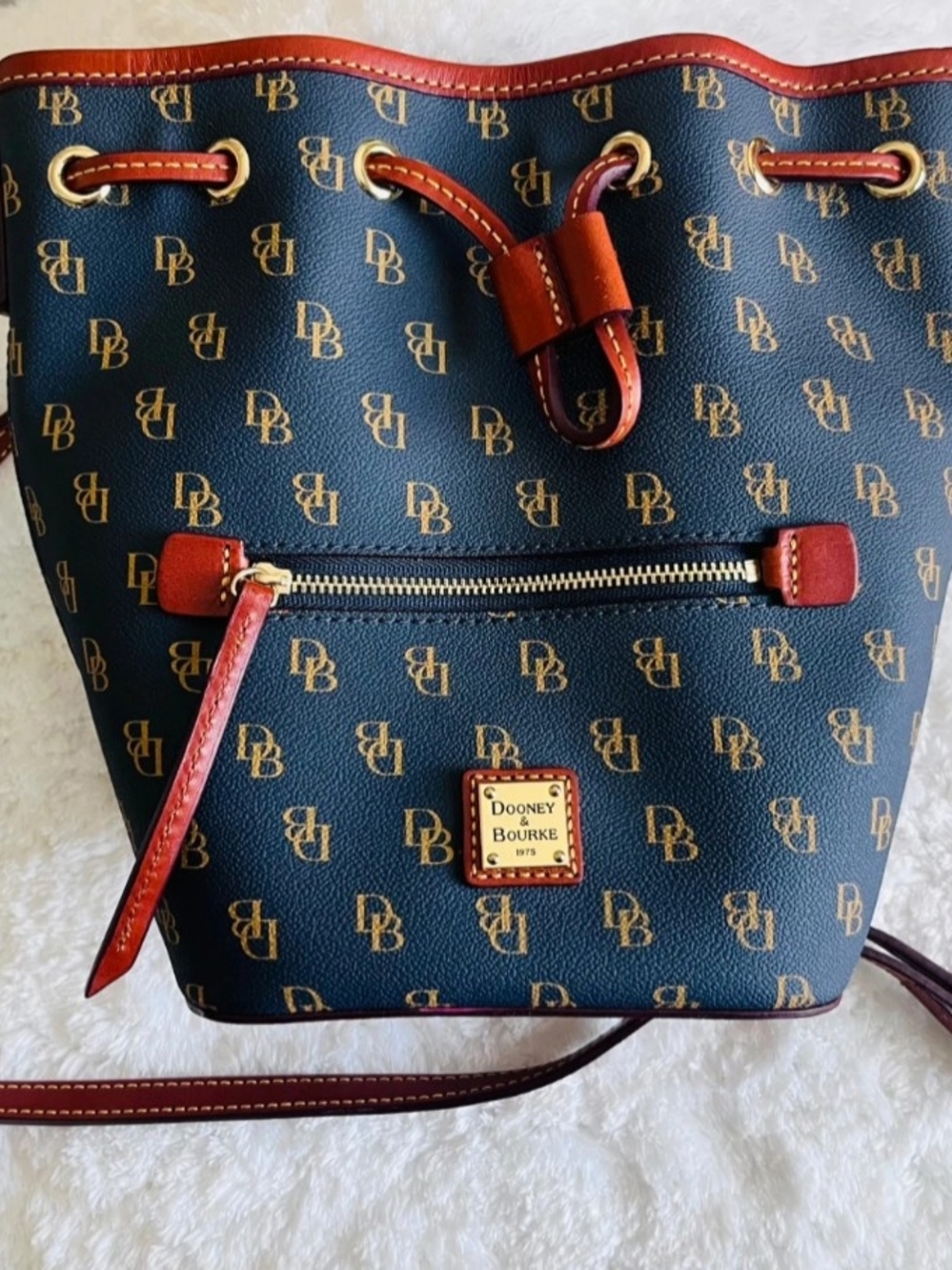 Firm Price Dooney & Bourke Navy and Brown Monogram Drawstring Shoulder Bag